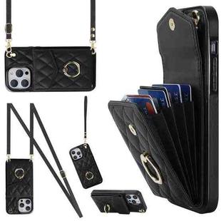 For iPhone 14 Pro Rhombic Texture Card Bag Phone Case with Long Lanyard(Black)