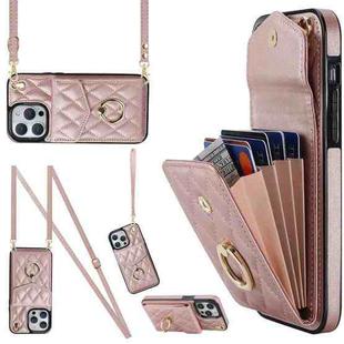 For iPhone 14 Pro Rhombic Texture Card Bag Phone Case with Long Lanyard(Rose Gold)