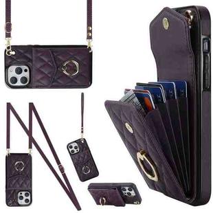 For iPhone 14 Pro Rhombic Texture Card Bag Phone Case with Long Lanyard(Dark Purple)