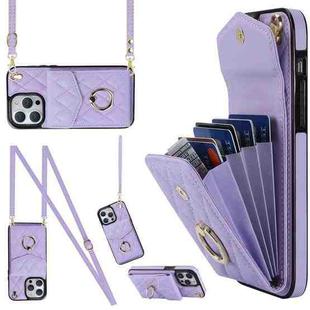For iPhone 14 Pro Rhombic Texture Card Bag Phone Case with Long Lanyard(Light Purple)