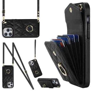 For iPhone 14 Pro Max Rhombic Texture Card Bag Phone Case with Long Lanyard(Black)