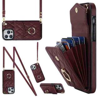 For iPhone 12 Pro Max Rhombic Texture Card Bag Phone Case with Long Lanyard(Wine Red)