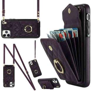 For iPhone 11 Pro Max Rhombic Texture Card Bag Phone Case with Long Lanyard(Dark Purple)