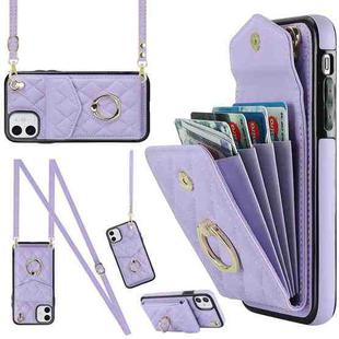 For iPhone 11 Rhombic Texture Card Bag Phone Case with Long Lanyard(Light Purple)