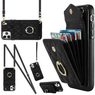 For iPhone 11 Pro Rhombic Texture Card Bag Phone Case with Long Lanyard(Black)