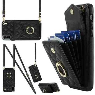 For iPhone XS Max Rhombic Texture Card Bag Phone Case with Long Lanyard(Black)