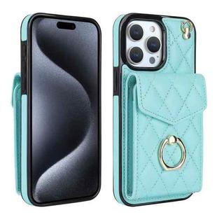 For iPhone 15 Pro Max Rhombic Texture Card Bag Phone Case with Long Lanyard(Mint Green)