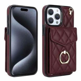 For iPhone 15 Pro Max Rhombic Texture Card Bag Phone Case with Long Lanyard(Wine Red)