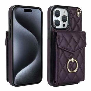For iPhone 15 Pro Max Rhombic Texture Card Bag Phone Case with Long Lanyard(Dark Purple)