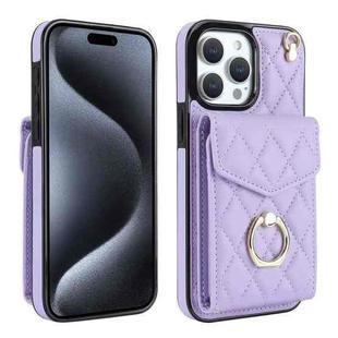 For iPhone 15 Pro Max Rhombic Texture Card Bag Phone Case with Long Lanyard(Light Purple)