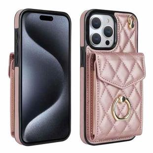 For iPhone 15 Pro Rhombic Texture Card Bag Phone Case with Long Lanyard(Rose Gold)