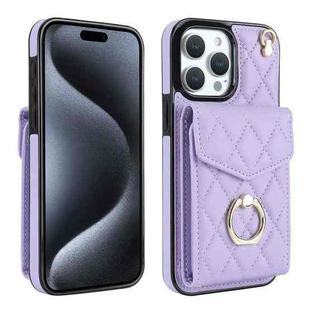 For iPhone 15 Pro Rhombic Texture Card Bag Phone Case with Long Lanyard(Light Purple)