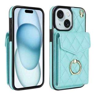 For iPhone 15 Plus Rhombic Texture Card Bag Phone Case with Long Lanyard(Mint Green)