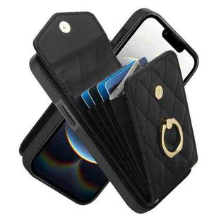 For iPhone 16e Rhombic Texture Card Bag Phone Case with Long Lanyard(Black)