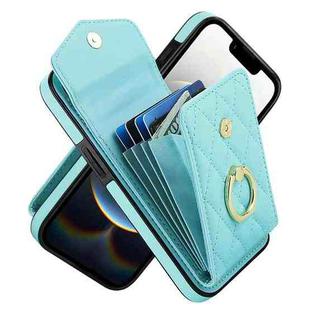 For iPhone 16e Rhombic Texture Card Bag Phone Case with Long Lanyard(Mint Green)