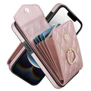 For iPhone 16e Rhombic Texture Card Bag Phone Case with Long Lanyard(Rose Gold)
