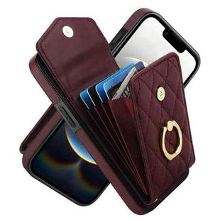 For iPhone 16e Rhombic Texture Card Bag Phone Case with Long Lanyard(Wine Red)