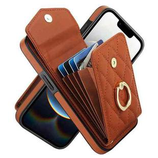 For iPhone 16e Rhombic Texture Card Bag Phone Case with Long Lanyard(Brown)