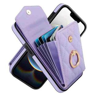 For iPhone 16e Rhombic Texture Card Bag Phone Case with Long Lanyard(Light Purple)