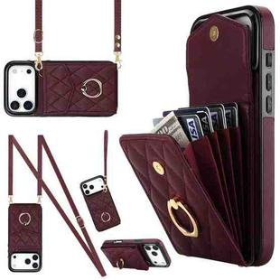 For iPhone 17 Pro Max Rhombic Texture Card Bag Phone Case with Long Lanyard(Wine Red)