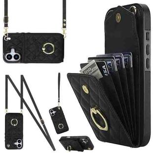 For iPhone 17 Rhombic Texture Card Bag Phone Case with Long Lanyard(Black)