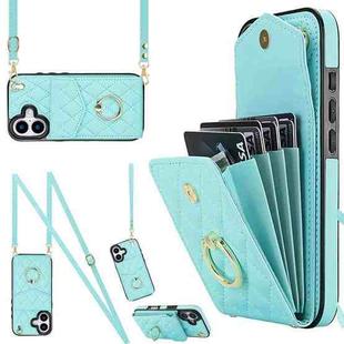 For iPhone 17 Rhombic Texture Card Bag Phone Case with Long Lanyard(Mint Green)