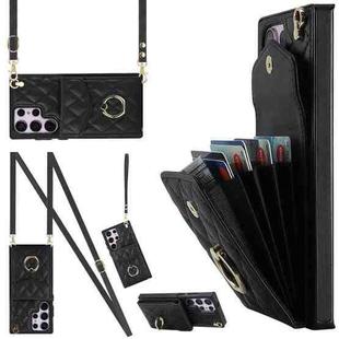 For Samsung Galaxy S23 Ultra 5G Rhombic Texture Card Bag Phone Case with Long Lanyard(Black)