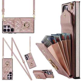 For Samsung Galaxy S23 Ultra 5G Rhombic Texture Card Bag Phone Case with Long Lanyard(Rose Gold)