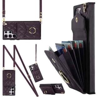 For Samsung Galaxy S23 Ultra 5G Rhombic Texture Card Bag Phone Case with Long Lanyard(Dark Purple)