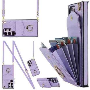 For Samsung Galaxy S23 Ultra 5G Rhombic Texture Card Bag Phone Case with Long Lanyard(Light Purple)