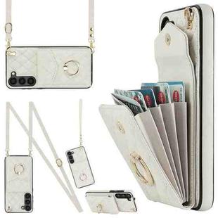 For Samsung Galaxy S23+ 5G Rhombic Texture Card Bag Phone Case with Long Lanyard(White)
