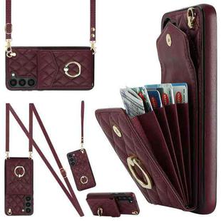 For Samsung Galaxy S23+ 5G Rhombic Texture Card Bag Phone Case with Long Lanyard(Wine Red)