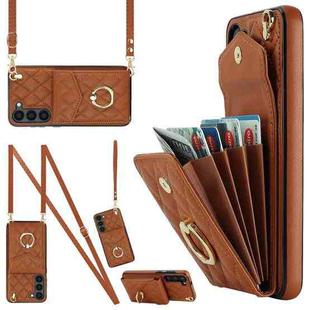 For Samsung Galaxy S23+ 5G Rhombic Texture Card Bag Phone Case with Long Lanyard(Brown)