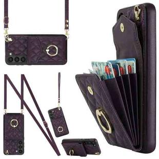 For Samsung Galaxy S23+ 5G Rhombic Texture Card Bag Phone Case with Long Lanyard(Dark Purple)