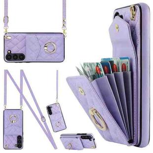 For Samsung Galaxy S23+ 5G Rhombic Texture Card Bag Phone Case with Long Lanyard(Light Purple)