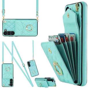 For Samsung Galaxy S23 5G Rhombic Texture Card Bag Phone Case with Long Lanyard(Mint Green)