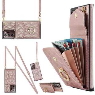For Samsung Galaxy Note20 Ultra Rhombic Texture Card Bag Phone Case with Long Lanyard(Rose Gold)