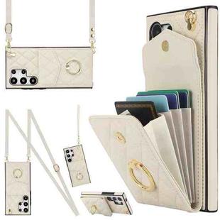 For Samsung Galaxy S24 Ultra 5G Rhombic Texture Card Bag Phone Case with Long Lanyard(White)