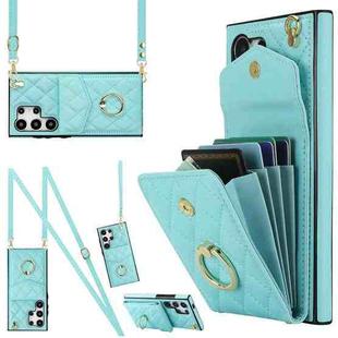 For Samsung Galaxy S24 Ultra 5G Rhombic Texture Card Bag Phone Case with Long Lanyard(Mint Green)