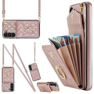 For Samsung Galaxy S24 5G Rhombic Texture Card Bag Phone Case with Long Lanyard(Rose Gold)