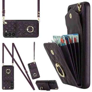 For Samsung Galaxy S24+ 5G Rhombic Texture Card Bag Phone Case with Long Lanyard(Dark Purple)