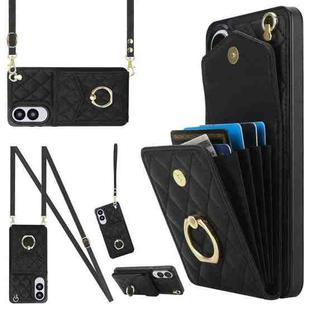 For Samsung Galaxy S25 Edge 5G Rhombic Texture Card Bag Phone Case with Long Lanyard(Black)