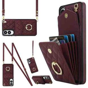For Samsung Galaxy S25 Edge 5G Rhombic Texture Card Bag Phone Case with Long Lanyard(Wine Red)
