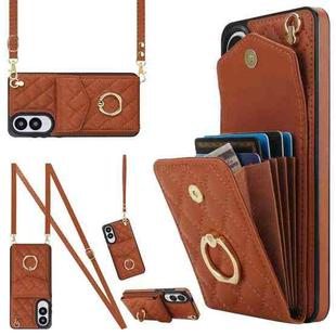 For Samsung Galaxy S25 Edge 5G Rhombic Texture Card Bag Phone Case with Long Lanyard(Brown)