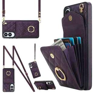 For Samsung Galaxy S25 Edge 5G Rhombic Texture Card Bag Phone Case with Long Lanyard(Dark Purple)
