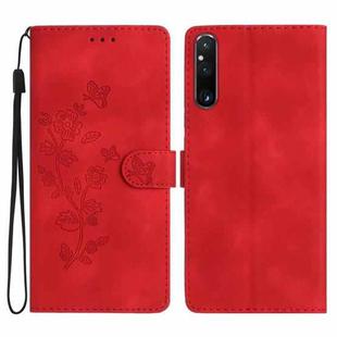For Sony Xperia 1 V Flower Butterfly Embossing Pattern Leather Phone Case(Red)