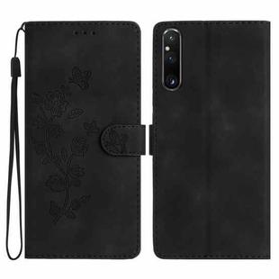 For Sony Xperia 1 V Flower Butterfly Embossing Pattern Leather Phone Case(Black)