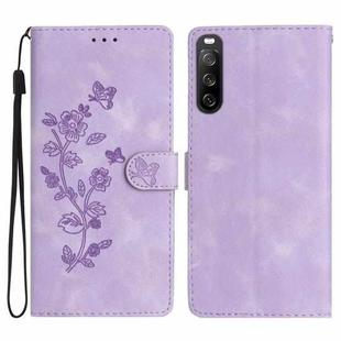For Sony Xperia 10 V Flower Butterfly Embossing Pattern Leather Phone Case(Purple)