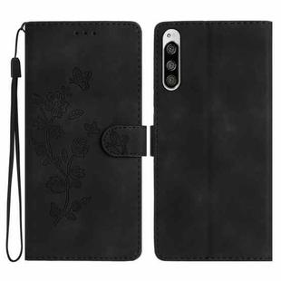 For Sony Xperia 5 Flower Butterfly Embossing Pattern Leather Phone Case(Black)