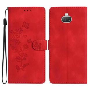 For Sony Xperia 10 Flower Butterfly Embossing Pattern Leather Phone Case(Red)